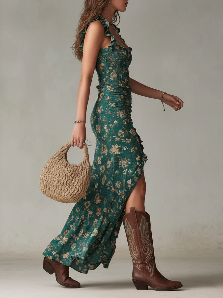 Maya | Boho Chic Floral Green Maxi Dress