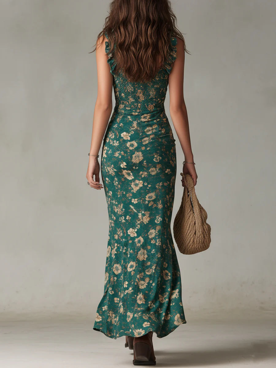 Maya | Boho Chic Floral Green Maxi Dress