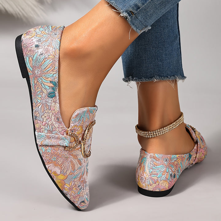Elegant Pointed Toe Floral Rhinestone Buckle Flat Shoes