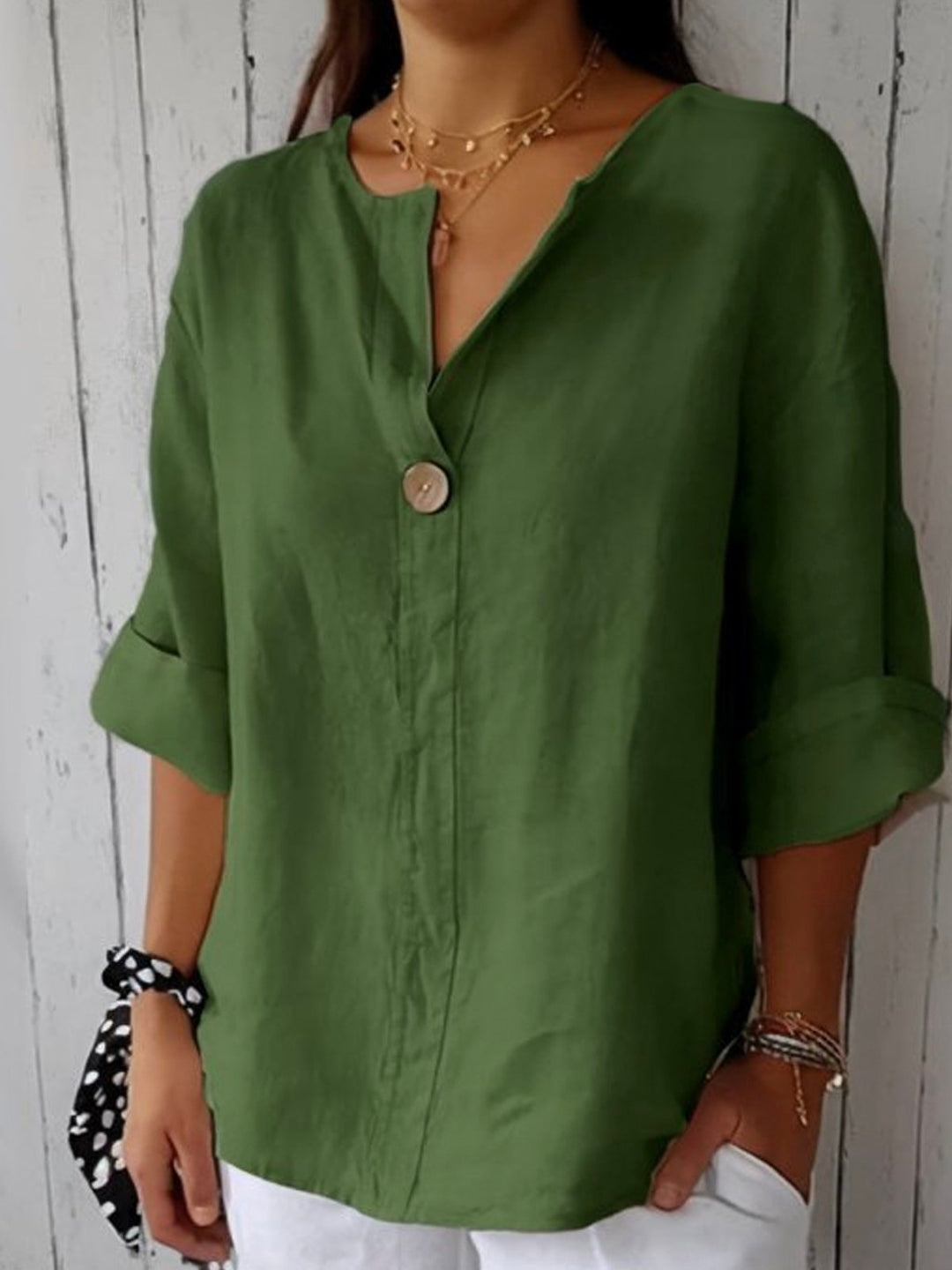 Jacinda | Cotton Linen Blend V-Neck Blouse with 3/4 Roll-Up Sleeves