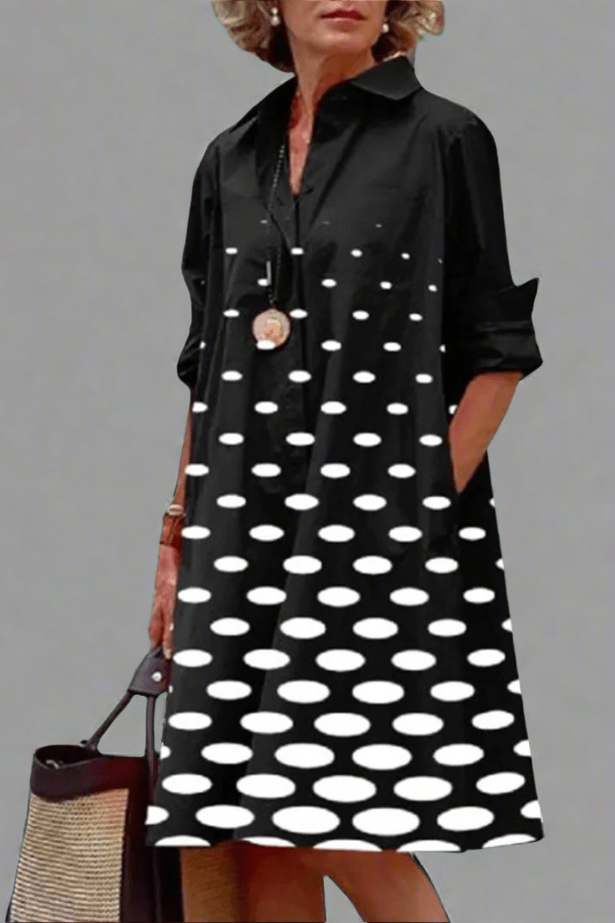Joana - Women Elegant Polka Dot Printed Shirt Dress
