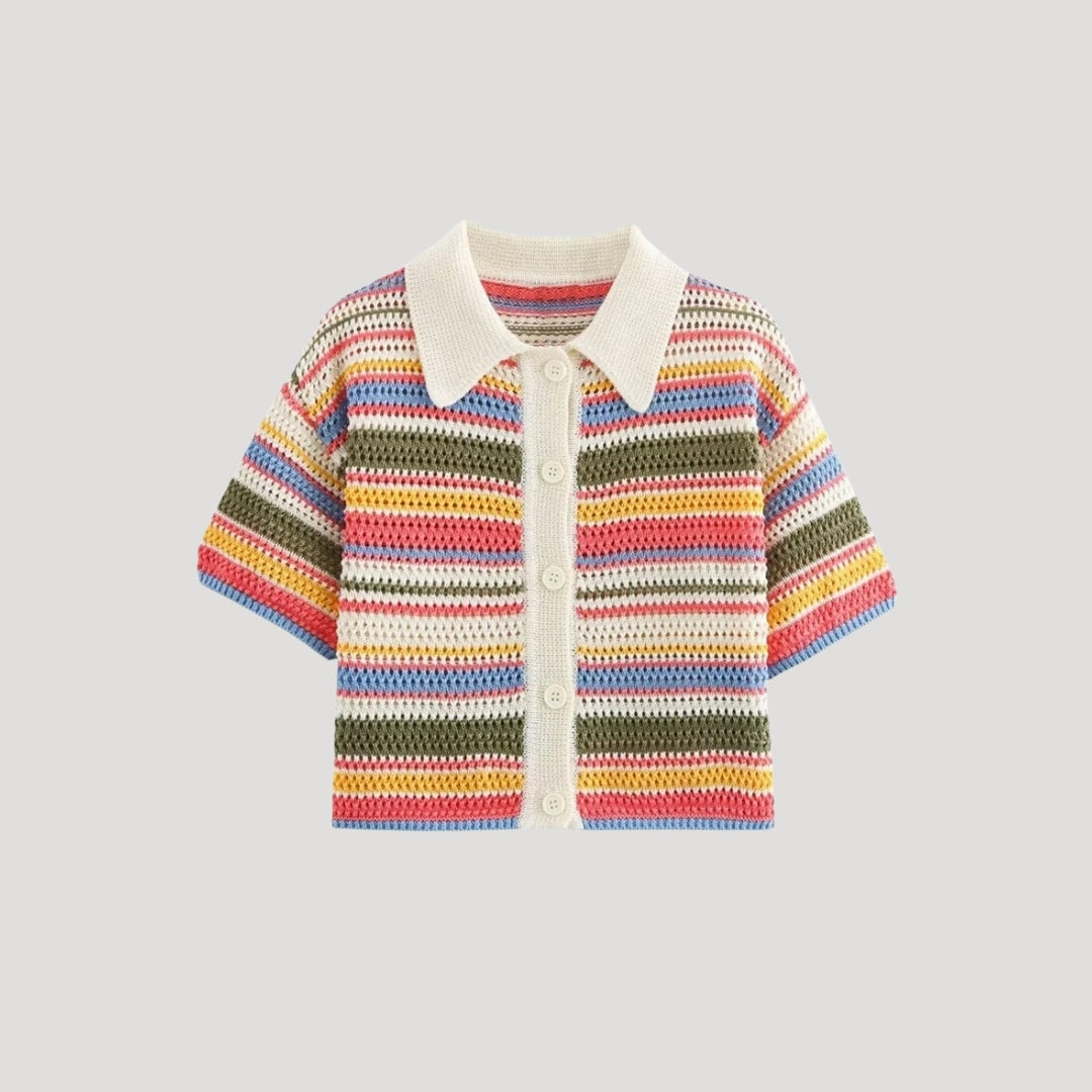 Nadine | Striped Polo Crochet Crop Top Cardigan with Collared Neckline
