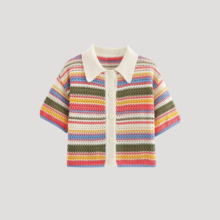Nadine | Striped Polo Crochet Crop Top Cardigan with Collared Neckline