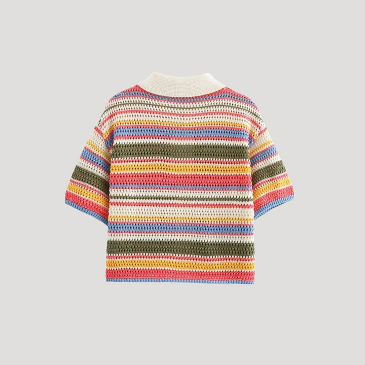 Nadine | Striped Polo Crochet Crop Top Cardigan with Collared Neckline