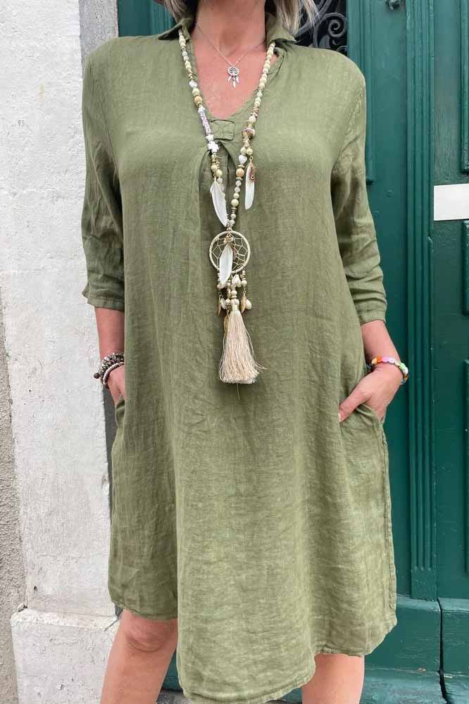 V-neck 3/4 Sleeves Loose Bohemian Dress