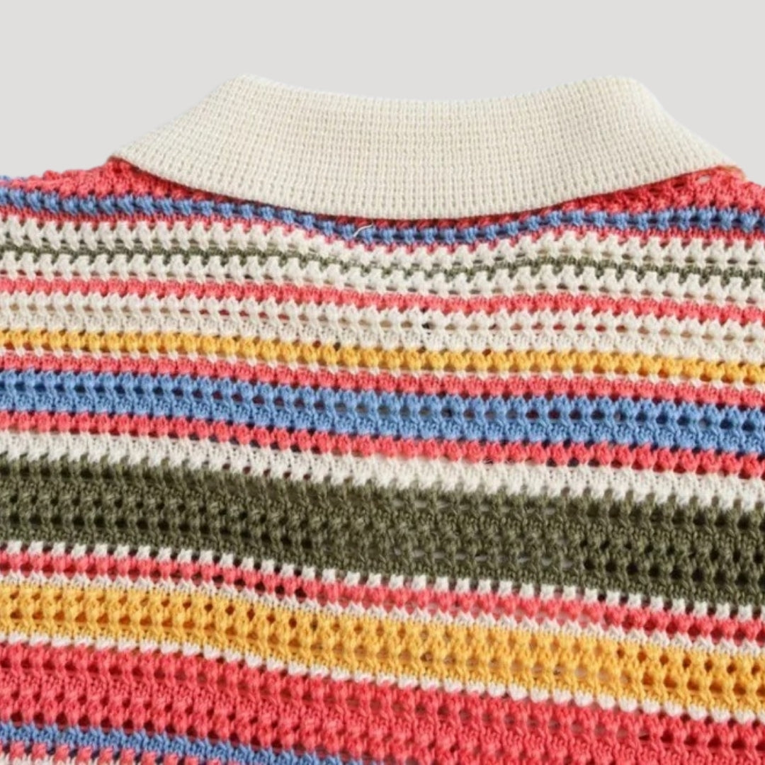 Nadine | Striped Polo Crochet Crop Top Cardigan with Collared Neckline
