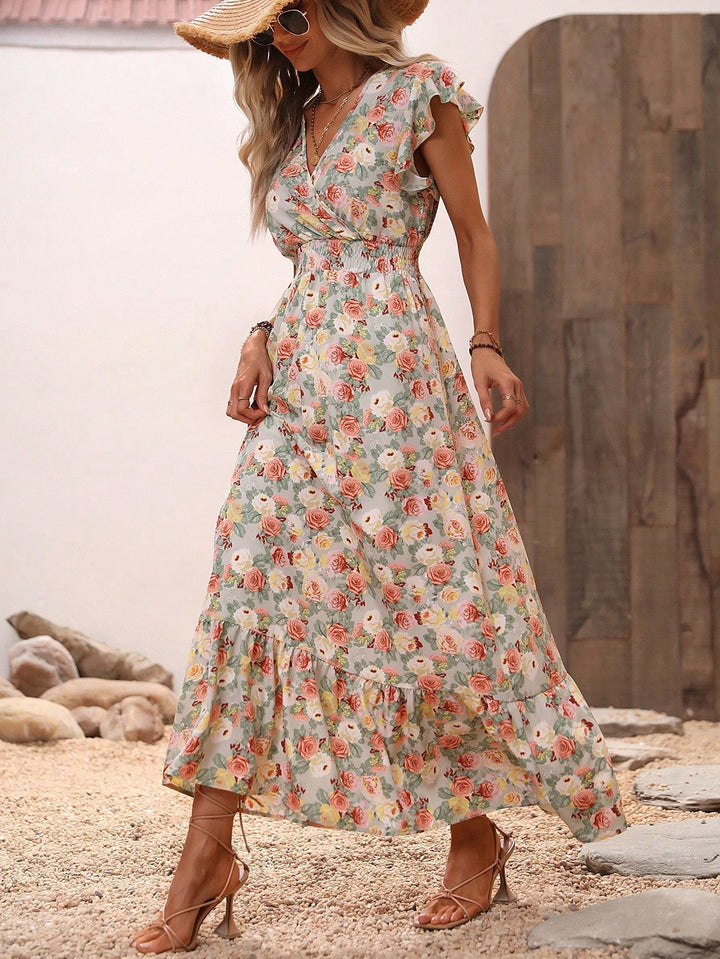 Jessielyn | Women’s Floral Print A-Line Midi Dress with Cross Neckline