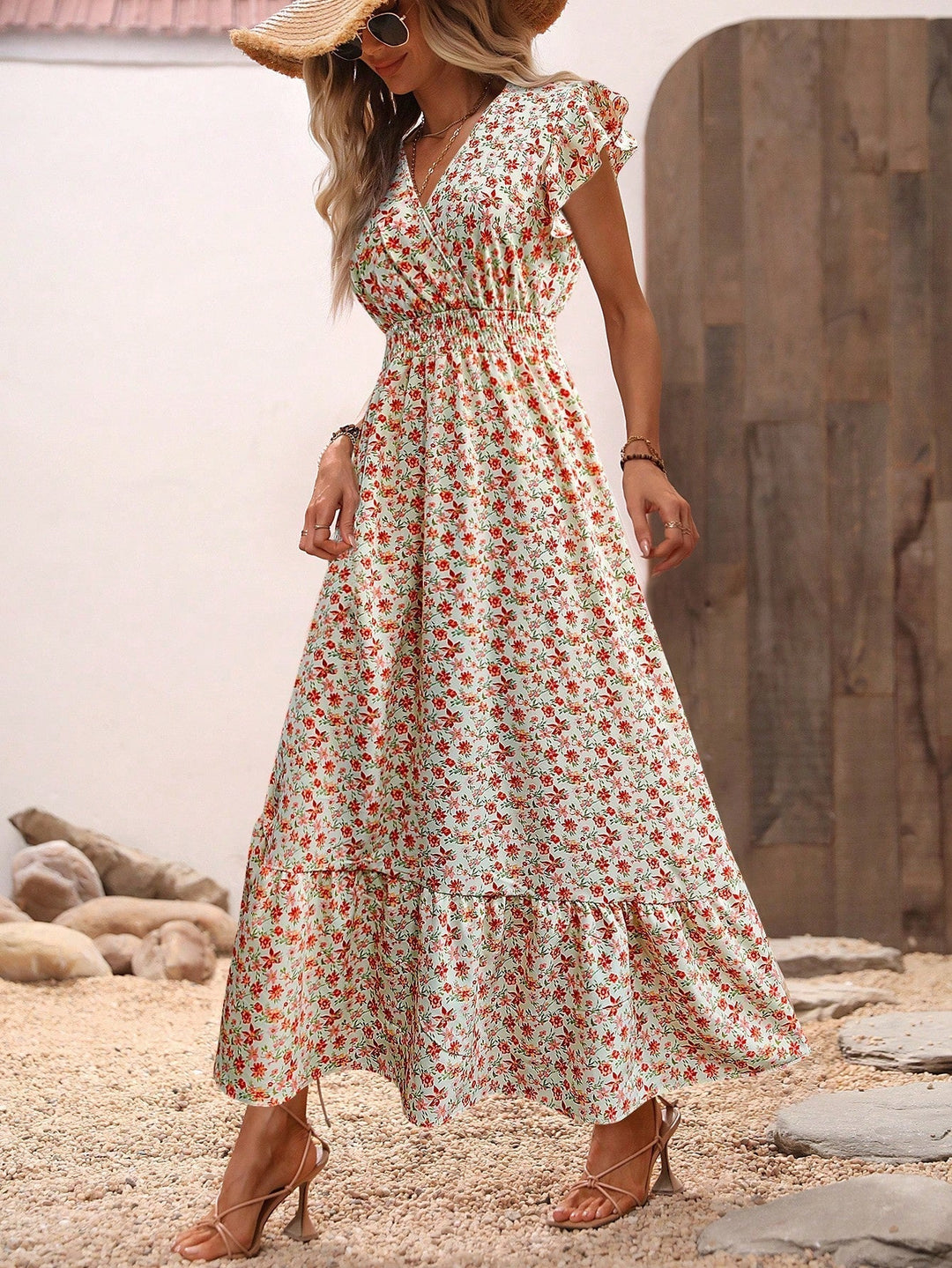Jessielyn | Women’s Floral Print A-Line Midi Dress with Cross Neckline