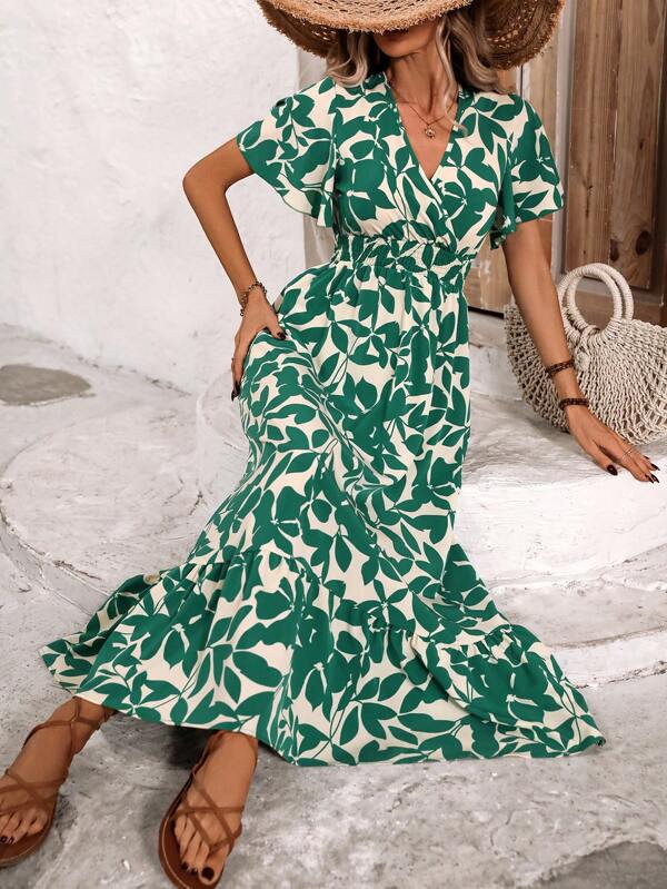 Jessielyn | Women’s Floral Print A-Line Midi Dress with Cross Neckline