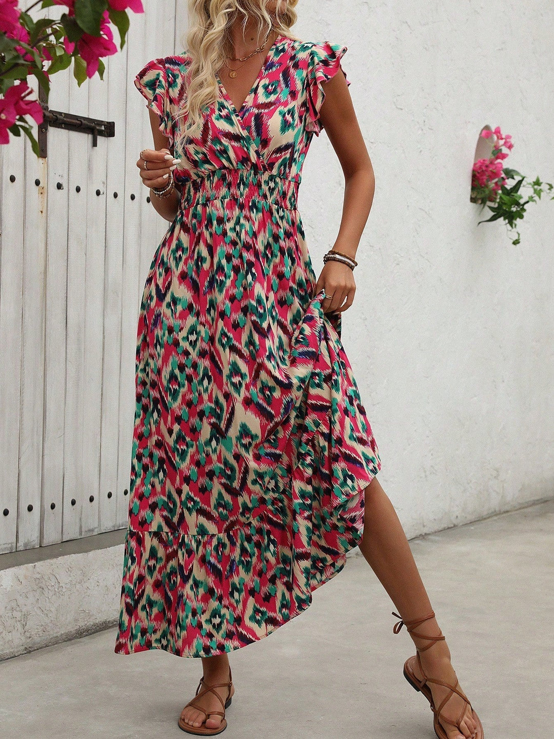 Jessielyn | Women’s Floral Print A-Line Midi Dress with Cross Neckline