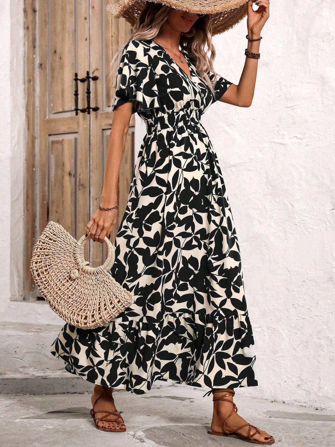 Jessielyn | Women’s Floral Print A-Line Midi Dress with Cross Neckline