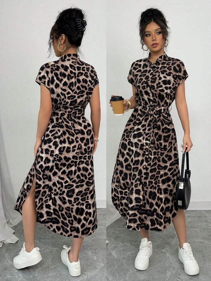 Leopard Print Front Button Shirt  long dress