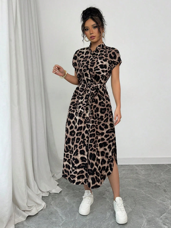 Leopard Print Front Button Shirt  long dress