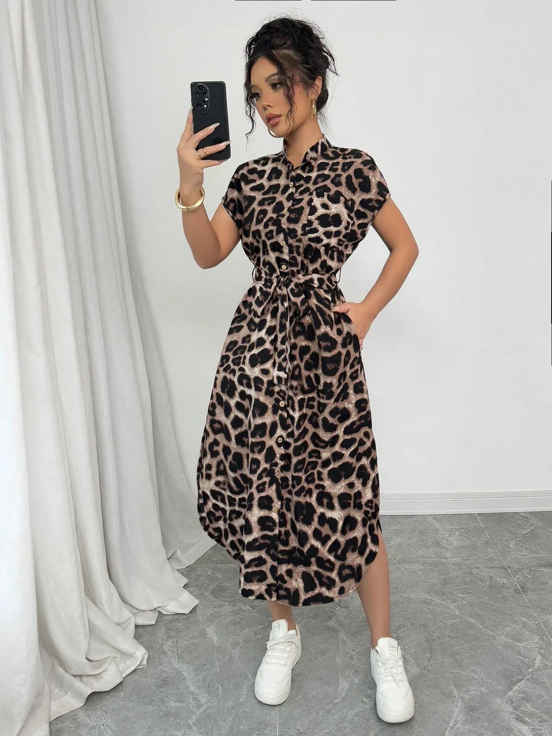 Leopard Print Front Button Shirt  long dress