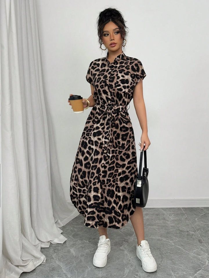 Leopard Print Front Button Shirt  long dress