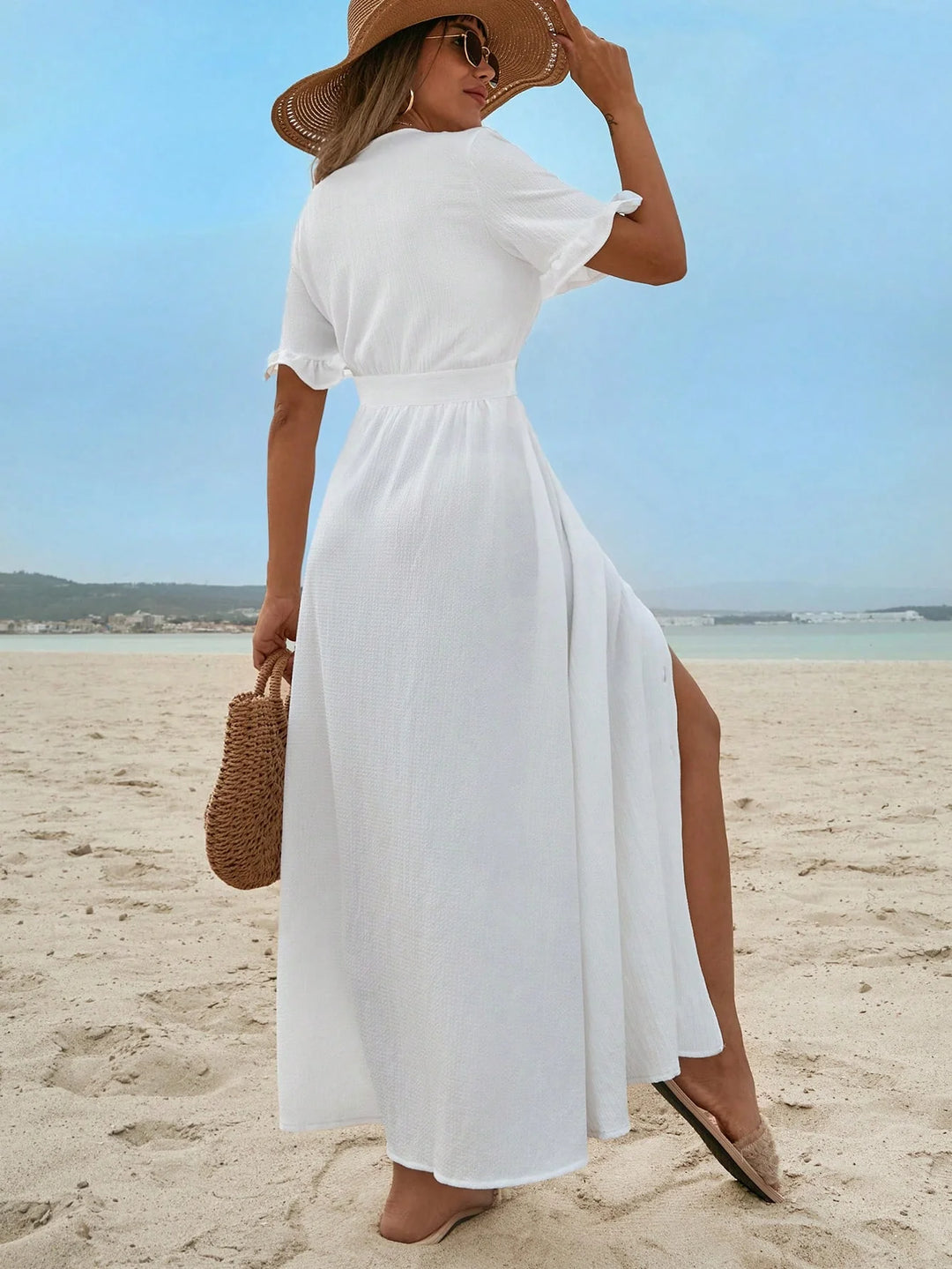Ruffle Trim Dress For Women, Button Front