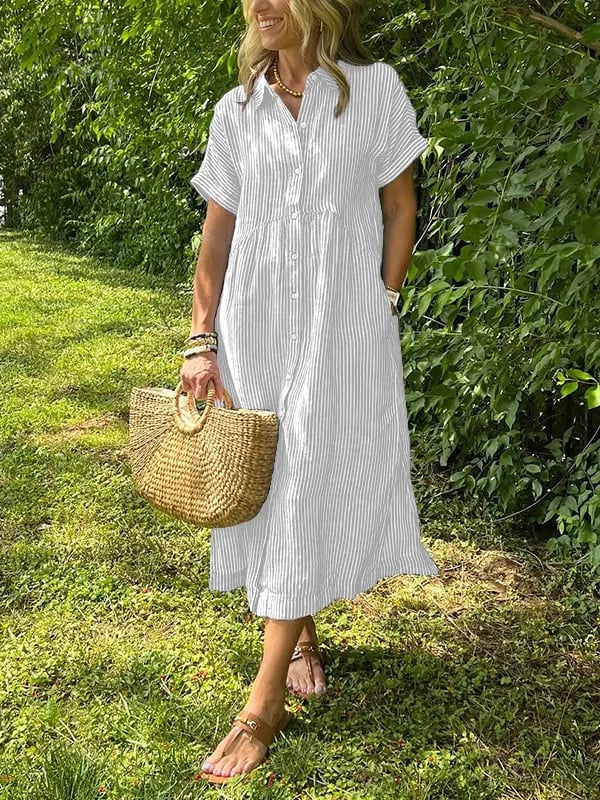 Gloria - Women’s Striped Button-Up White Dress