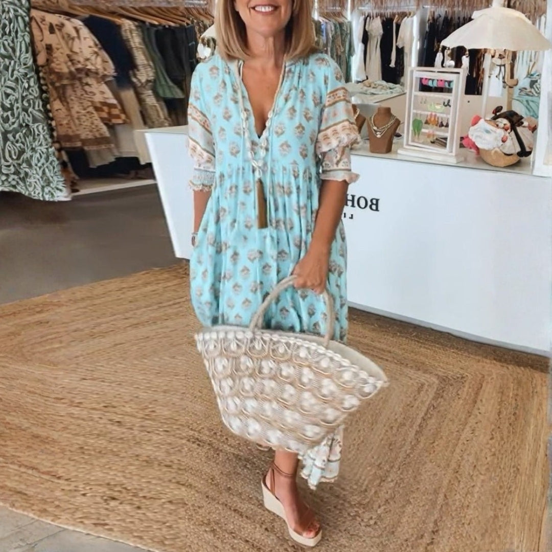 Brooklyn | Women's Boho Printed Tassel Tie Midi Dress