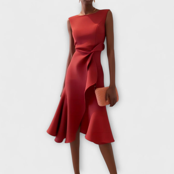 Sheila - Draped Asymmetric Formal Midi Dress