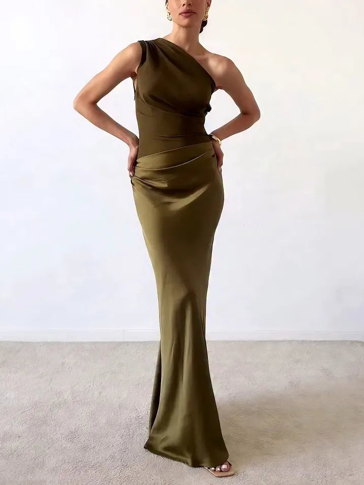 Anne - Elegant One Shoulder Pleated Maxi Dress