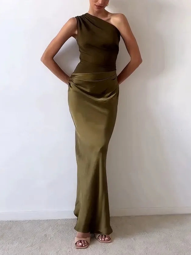 Anne - Elegant One Shoulder Pleated Maxi Dress