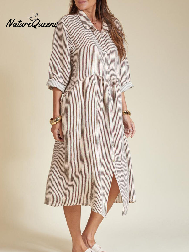 Women's Casual Striped Cotton and Linen Shirt Dress