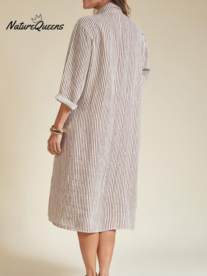 Women's Casual Striped Cotton and Linen Shirt Dress