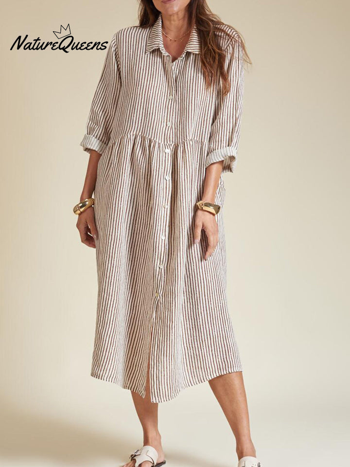 Women's Casual Striped Cotton and Linen Shirt Dress