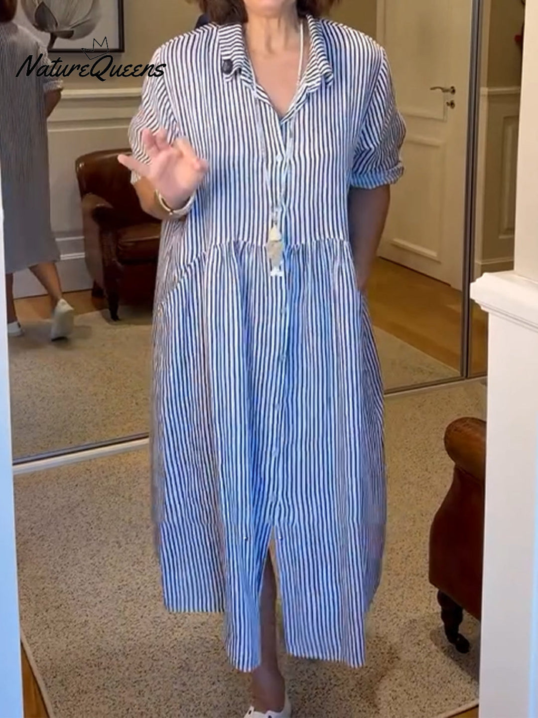 Women's Casual Striped Cotton and Linen Shirt Dress
