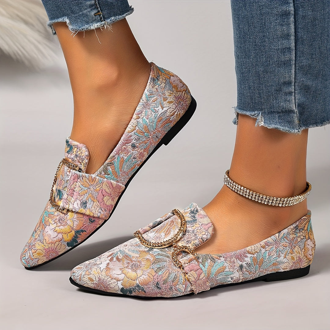 Elegant Pointed Toe Floral Rhinestone Buckle Flat Shoes