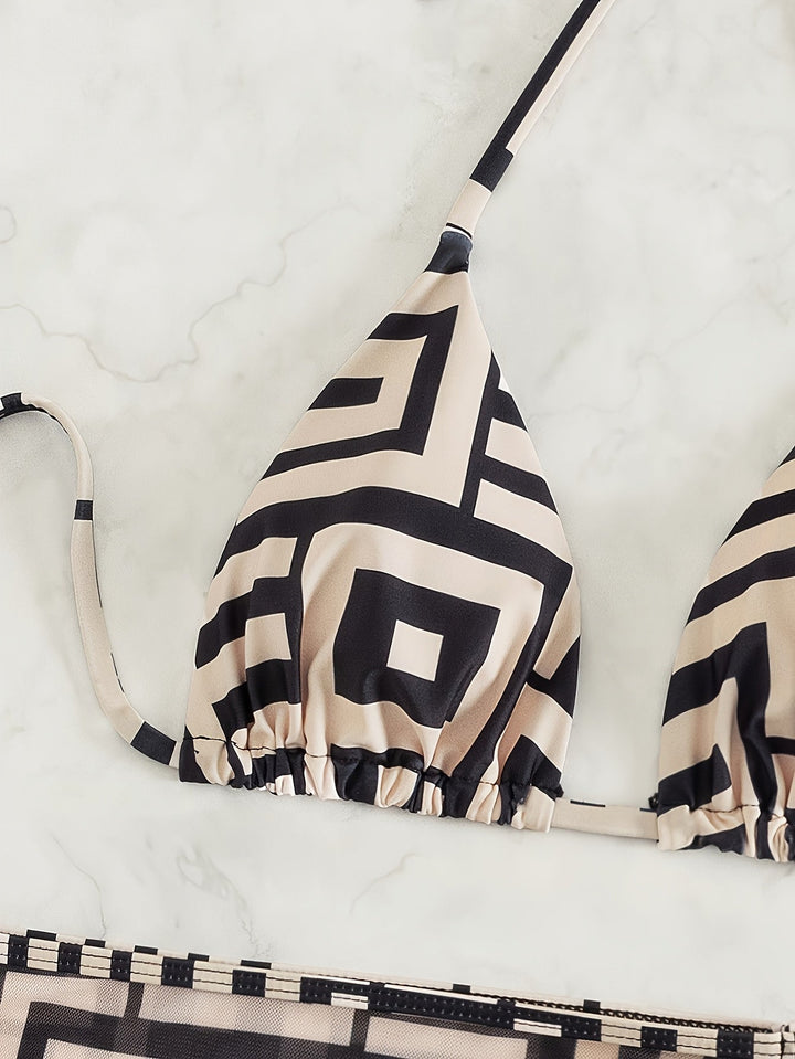 Mina - Women's Geometric Bikini Skirt Set with Headband