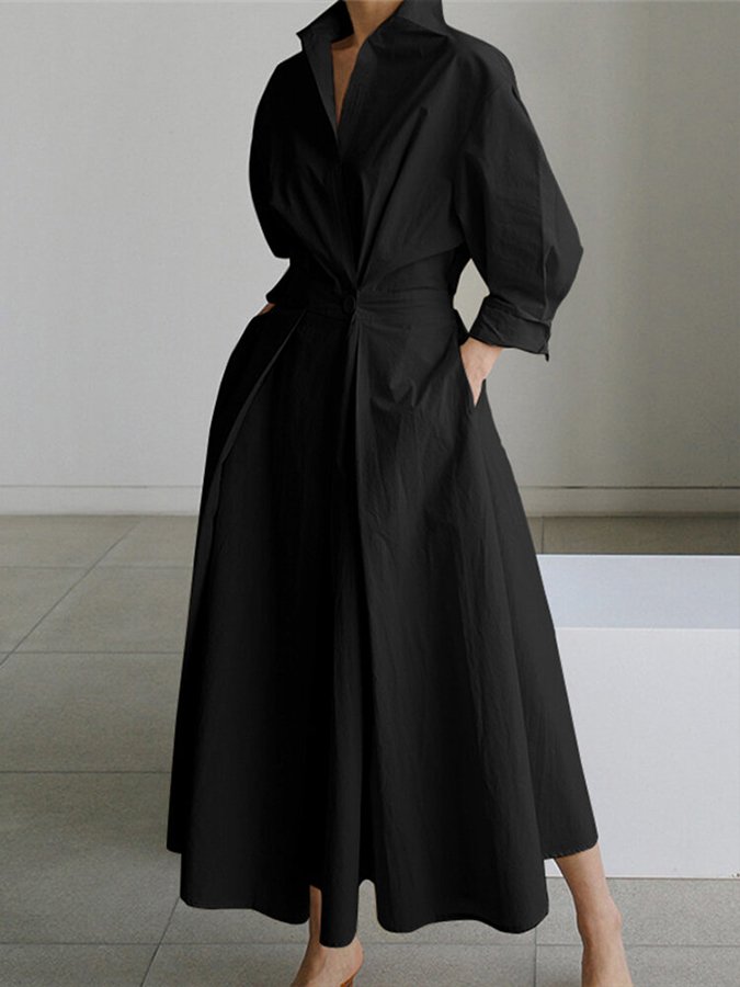 Luxe - Women Collared Long Sleeve Maxi Dress