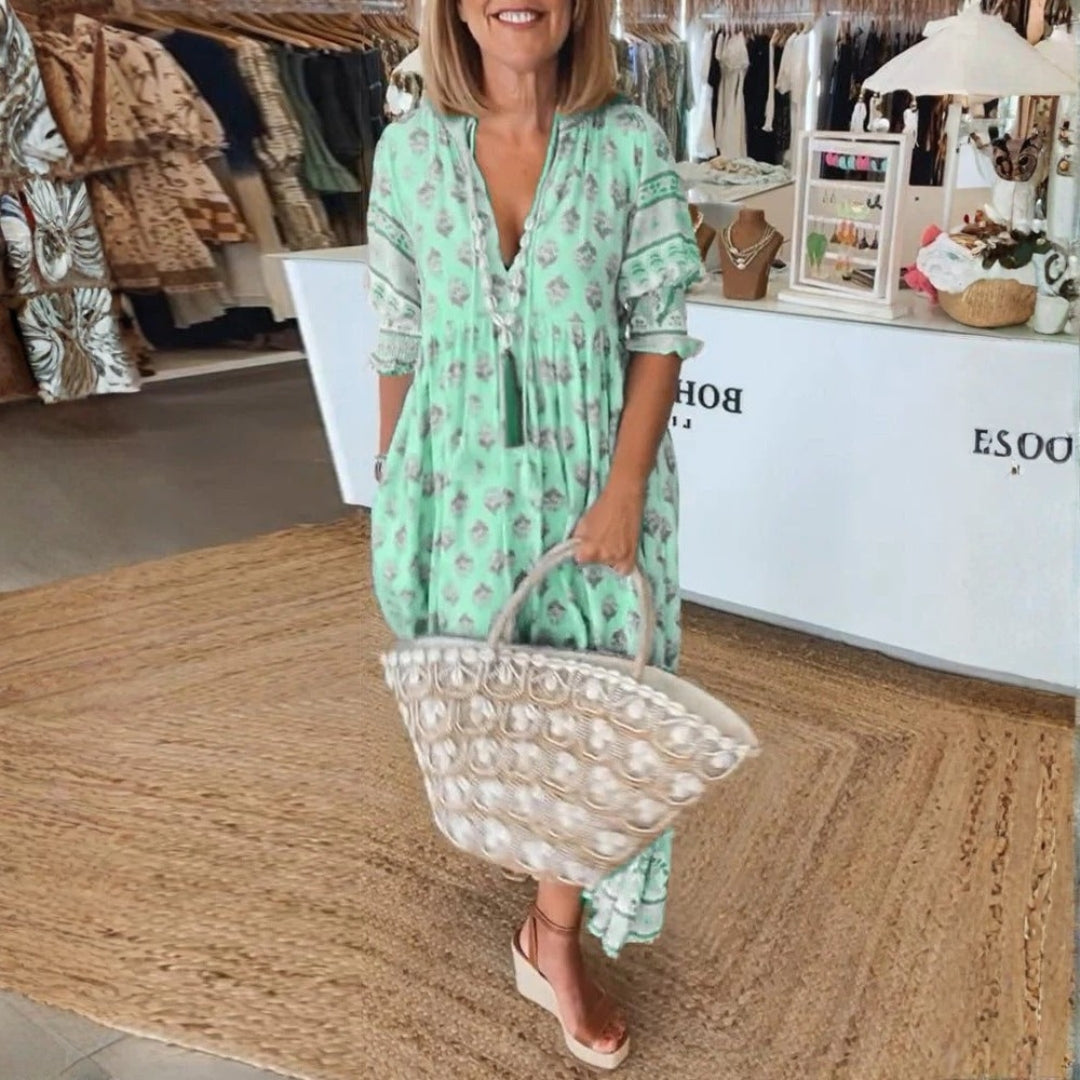 Brooklyn | Women's Boho Printed Tassel Tie Midi Dress