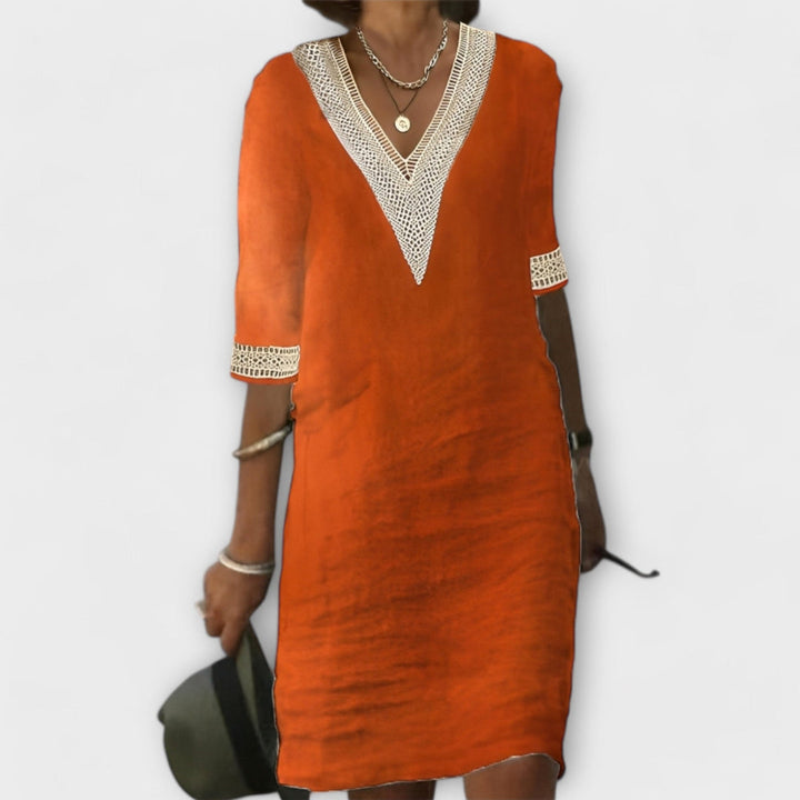 Lauren | Women's Boho V Neck Lace Trim Relaxed Dress