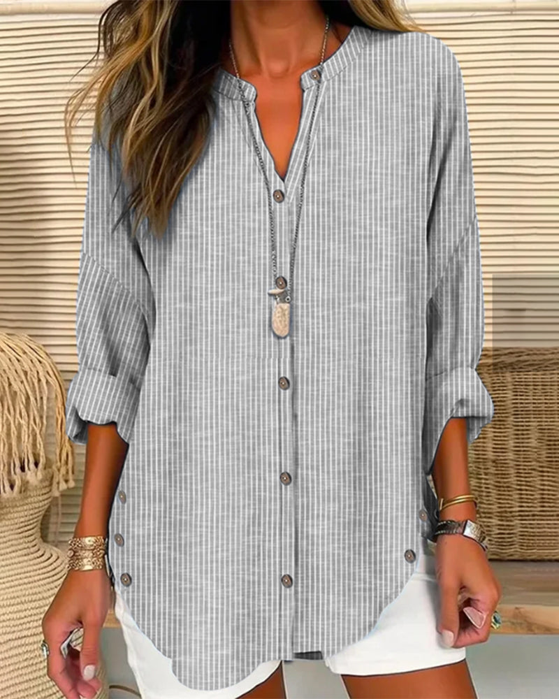 Alicia | Women’s Vertical Striped V-Neck Blouse with Single-Breasted Button-Up Front