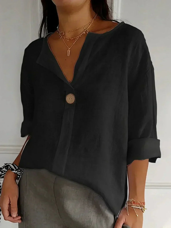 Jacinda | Cotton Linen Blend V-Neck Blouse with 3/4 Roll-Up Sleeves