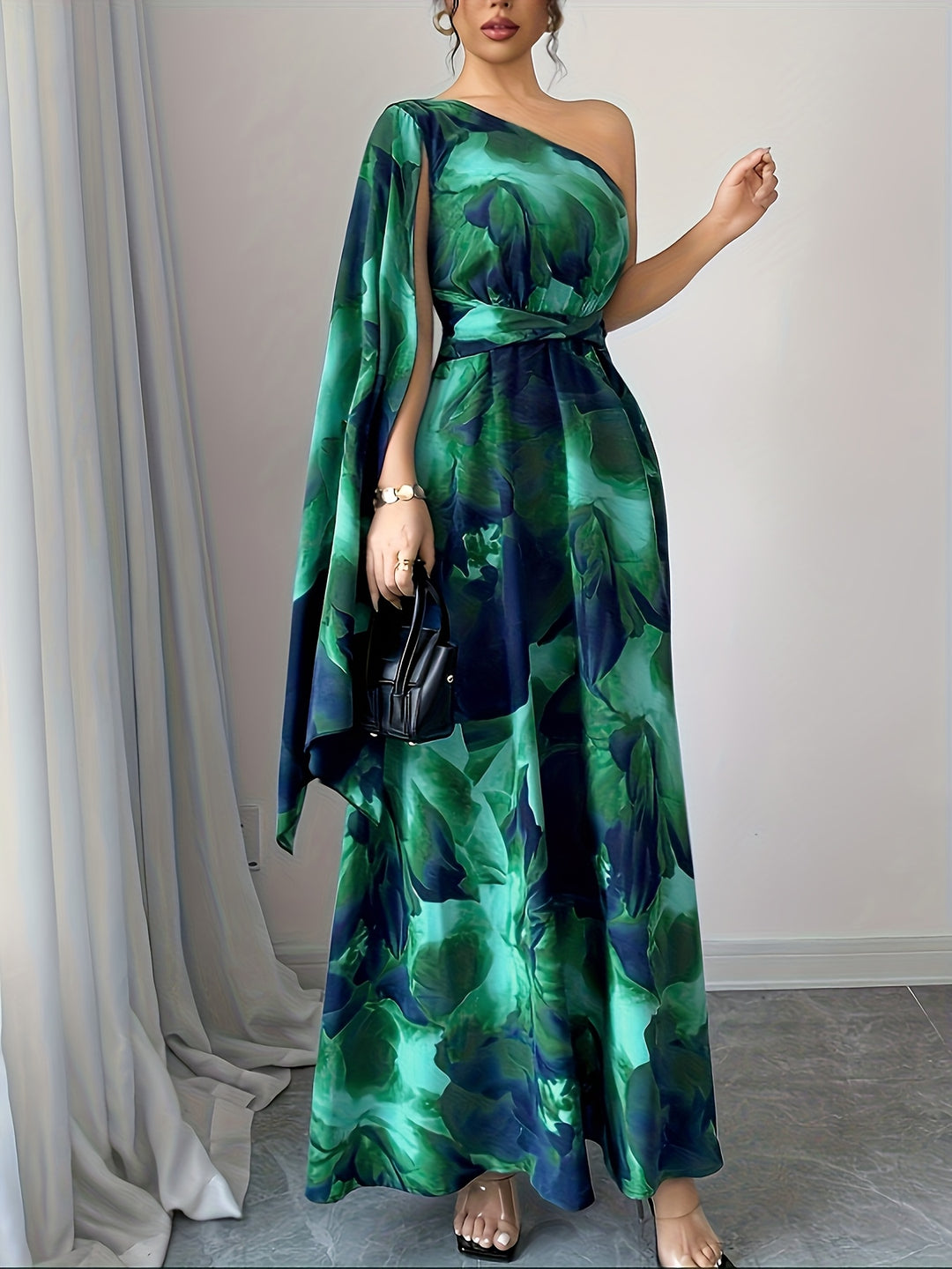 Stella - Floral Print One-Shoulder Wedding Guest Maxi Dress