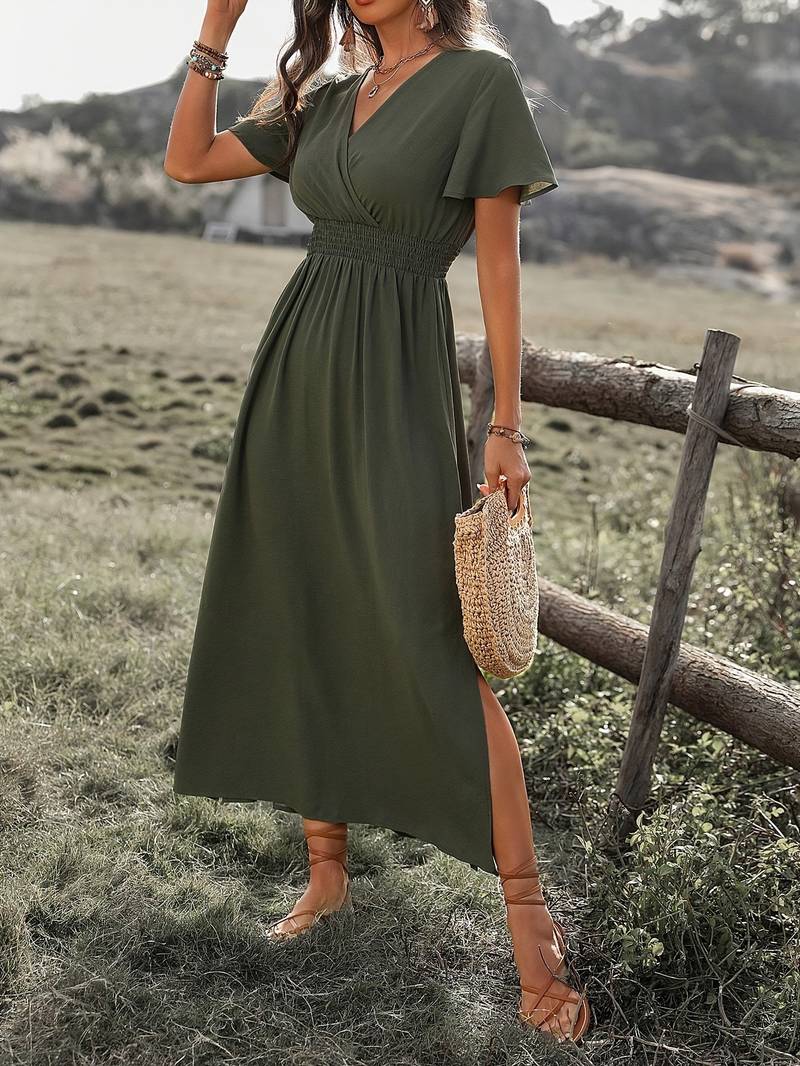 Zinnia | Army Green V-Neck Maxi Dress for Women