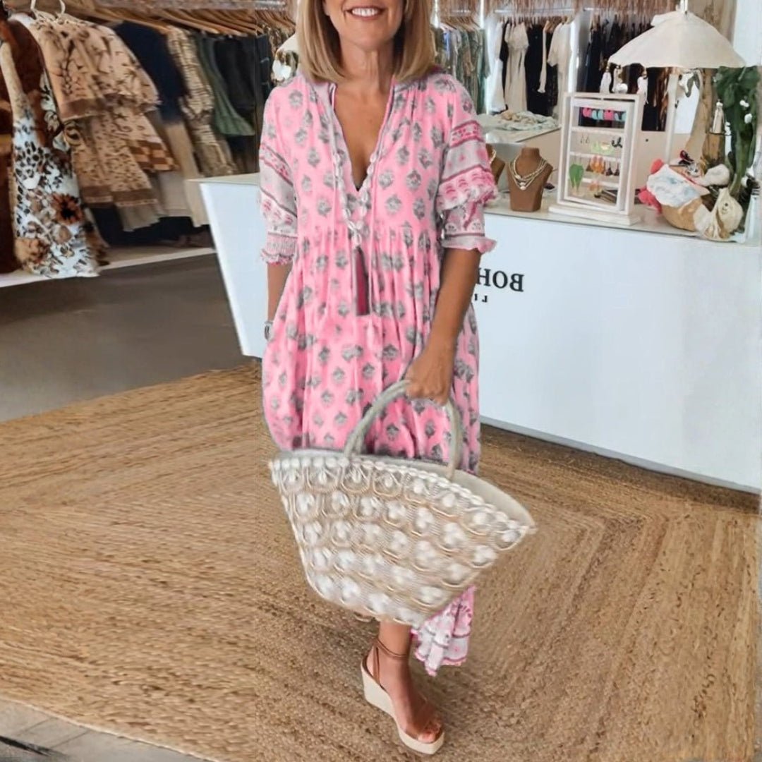 Brooklyn | Women's Boho Printed Tassel Tie Midi Dress