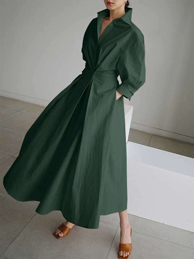Luxe - Women Collared Long Sleeve Maxi Dress