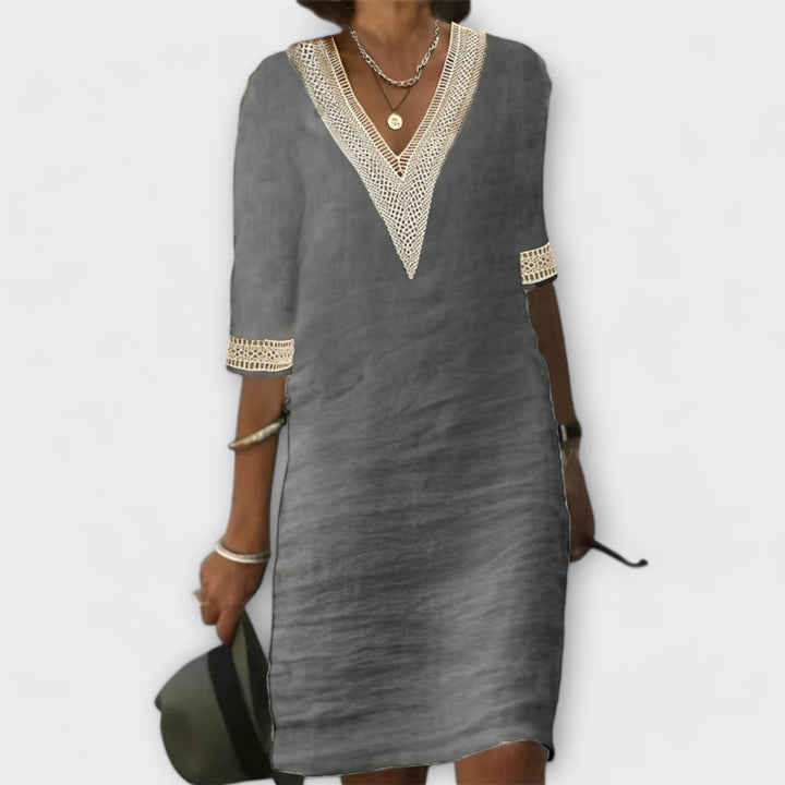 Lauren | Women's Boho V Neck Lace Trim Relaxed Dress