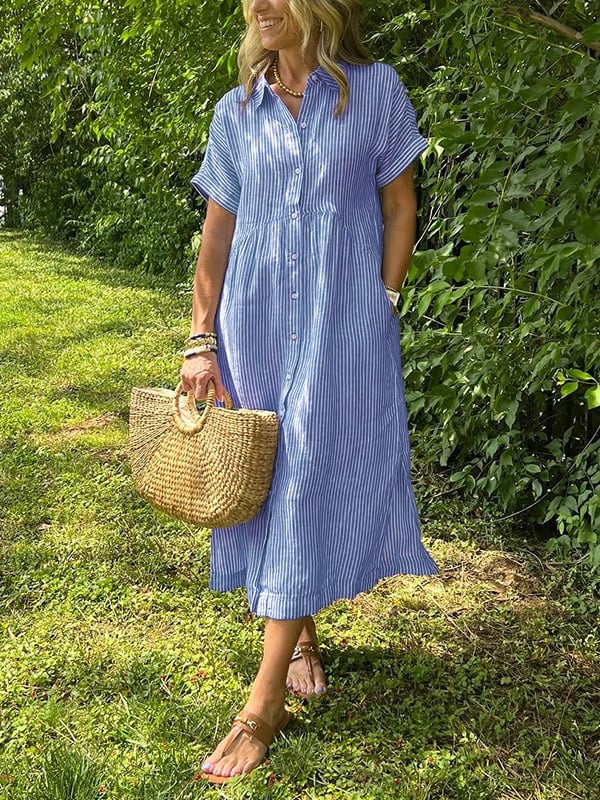 Gloria - Women’s Striped Button-Up White Dress