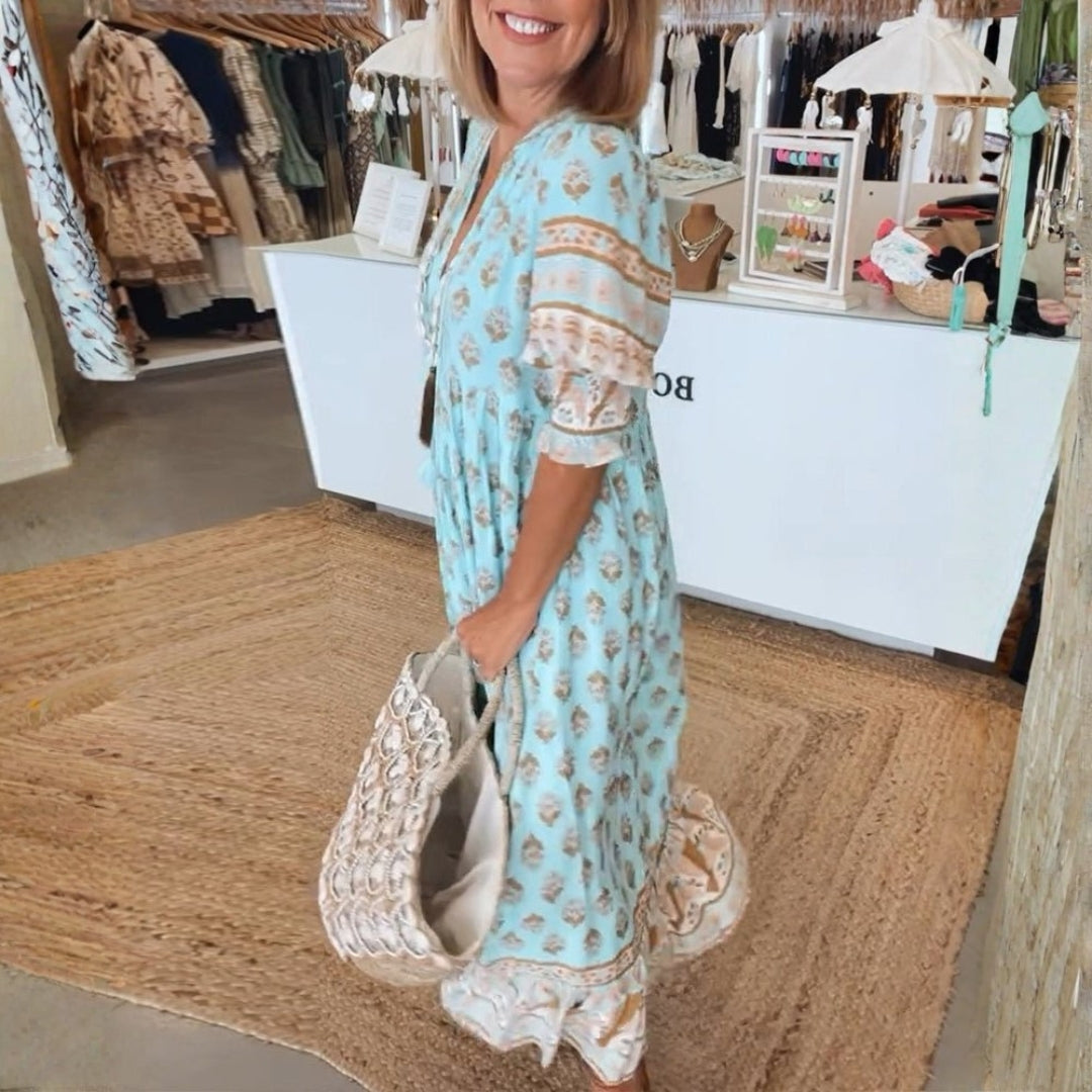 Brooklyn | Women's Boho Printed Tassel Tie Midi Dress