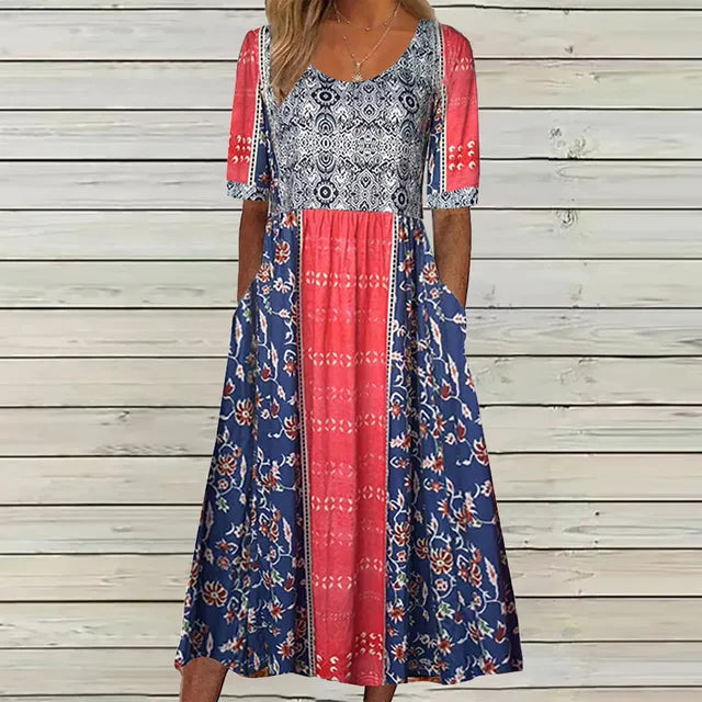 Jessica | Women's Boho Printed Square Neck Midi Dress