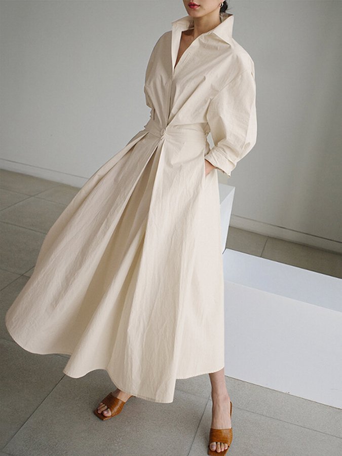 Luxe - Women Collared Long Sleeve Maxi Dress