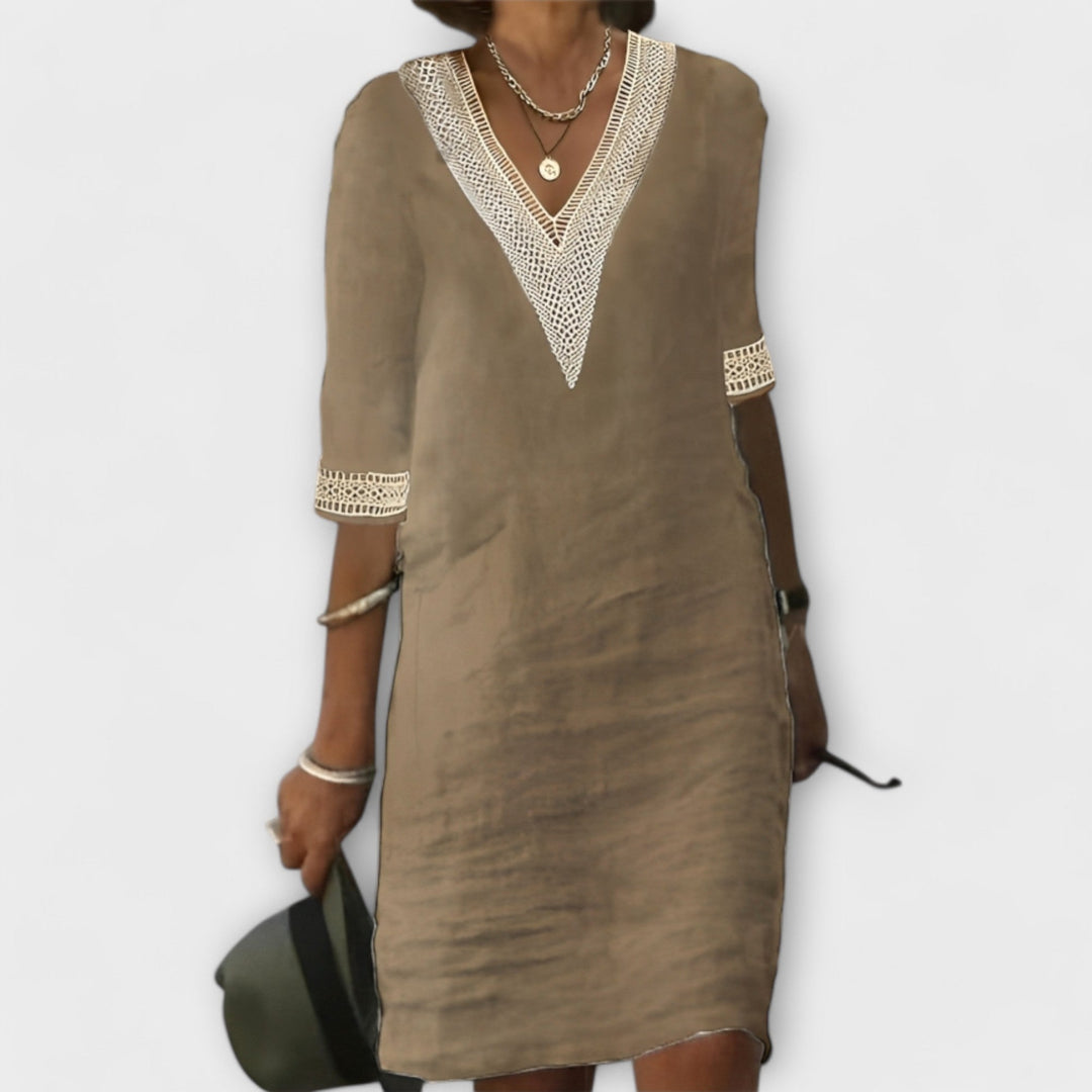 Lauren | Women's Boho V Neck Lace Trim Relaxed Dress