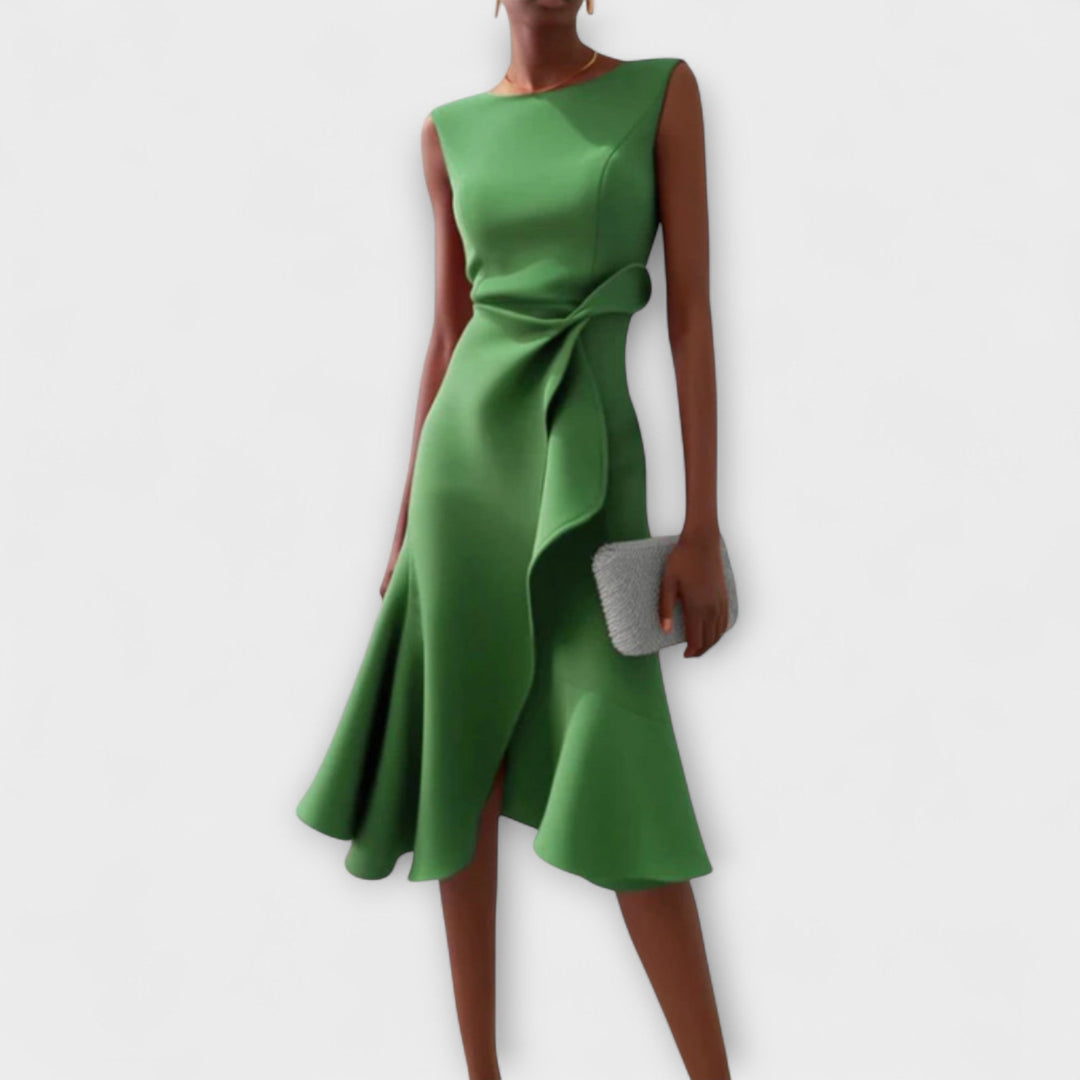 Sheila - Draped Asymmetric Formal Midi Dress