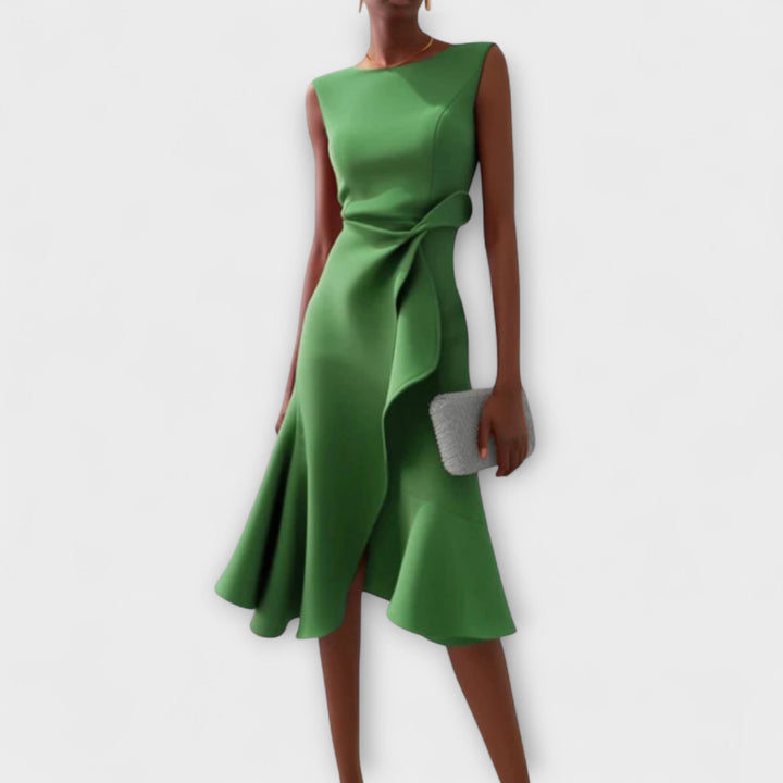 Sheila - Draped Asymmetric Formal Midi Dress