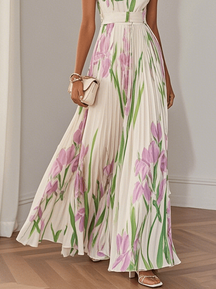 Lola - Elegant Pleated Square-Neck Floral Maxi Dress
