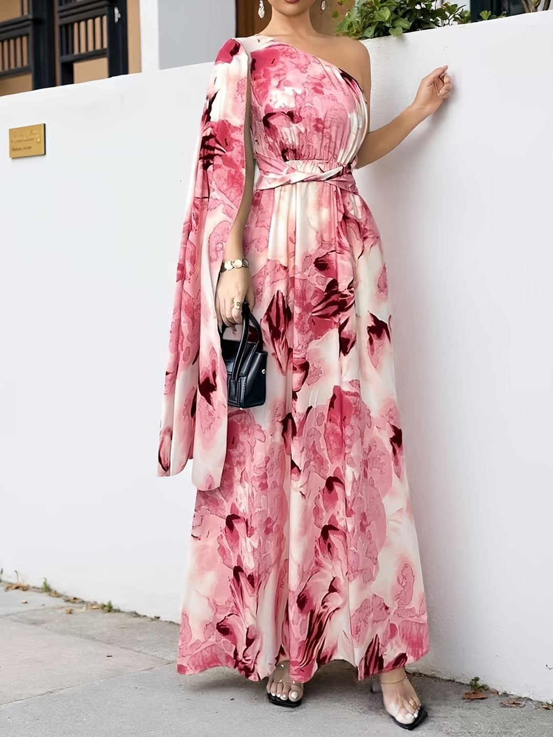 Stella - Floral Print One-Shoulder Wedding Guest Maxi Dress